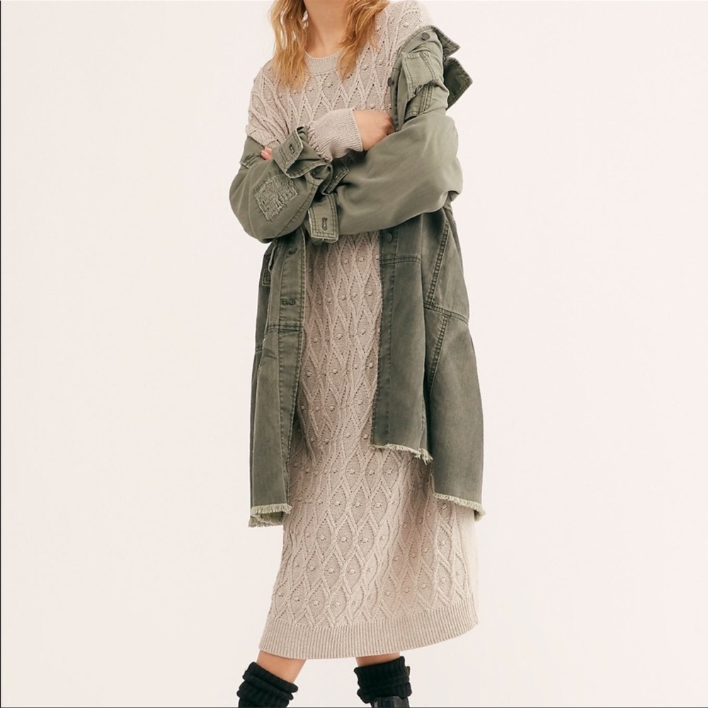 Free People Forever Free Tiered Green Denim Jacket Long Distressed Size M NWOT